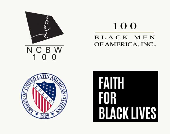 Partner logos: NCBW100, 100 Black Men of America, Inc.(R), League of United Latin American Citizens - 1929, Faith for Black Lives